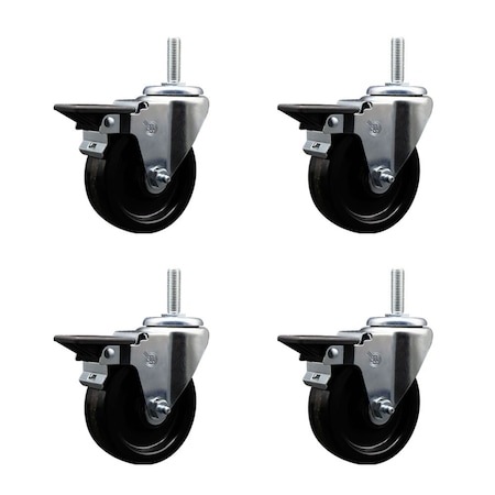 Service Caster 4 Inch Phenolic Wheel Swivel 34 Inch Threaded Stem Caster Set with Brake SCC SCC-TS20S414-PHR-PLB-34212-4